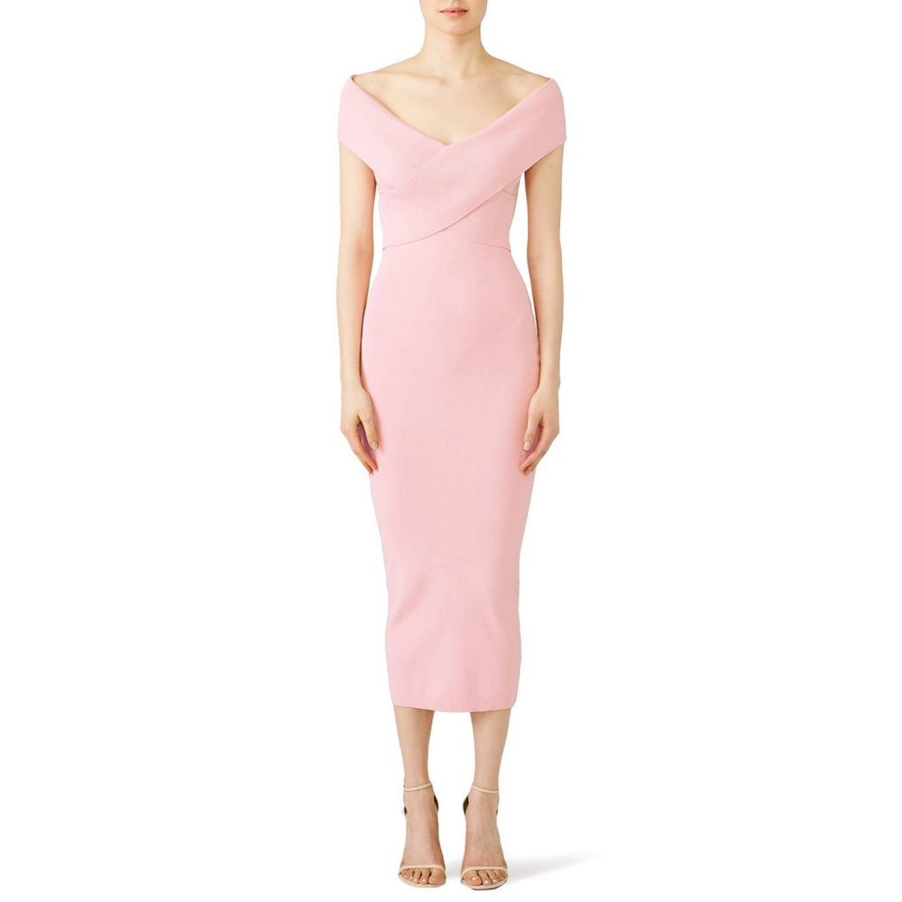 Solace London Pink Cecile Sheath Dress Off Shoulder Long Pink Cross Front Size 6